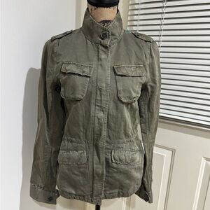 Loft cotton linen blend casual cargo Army green front zipper jacket size XS